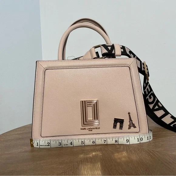 Karl Lagerfeld Paris Pink Structured Satchel Handbag with Logo Strap - Picture 2 of 5